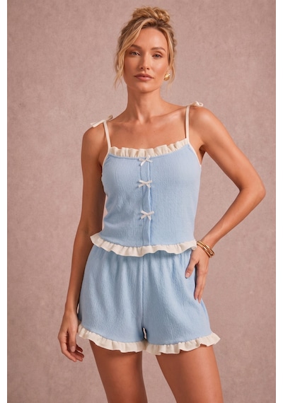 Bella Notte Mavi Kadın Fırfır Detaylı Askılı Şortlu Pijama Takımı