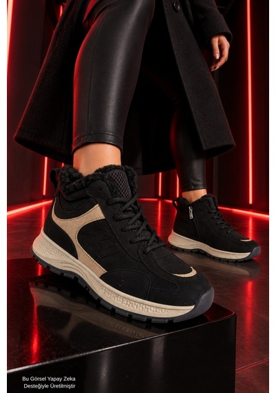 Muggo Nortex Kürklü Fermuarlı Kalın Taban Bağcıklı Kışlık Kadın Sneaker Bot Siyah