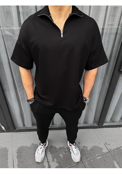 Yarım Fermuarlı Basic T-shirt - Siyah - -Çok Renkli