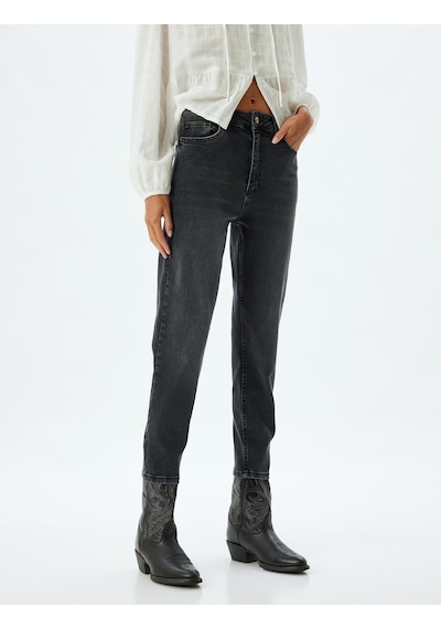 Koton Yüksek Bel Kot Pantolon Slim Fit Düğmeli Pamuklu - Slim Fit Jean Siyah 5wal40027md Siyah