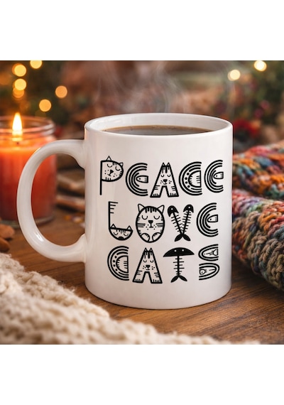 Peace Love Cats Sevimli Kedi Desenli Porselen Kupa Model 60 Kahve & Çay Kupası Diğer