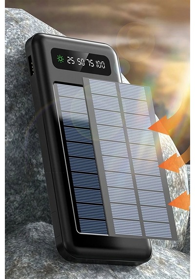 10000 Mah Powerbank Göstergeli Powerbank Solar Powerbank Güneş Enerjili Fenerli 4 Çıkışlı Siyah