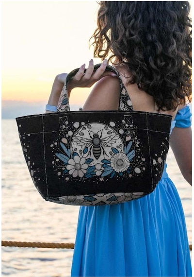 Kadın Vegan Deri Siyah Medium Tote Bag - Bee With Flowers Tasarım Siyah