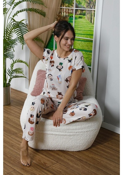 Mh Moony Homewears Magic World Kısa Kol Pamuklu Pijama Takımı Krem