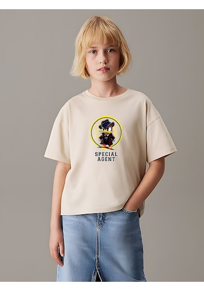 Uyguntarz Çocuk Mafia Ördek Baskılı Pamuklu Tshirt Bej