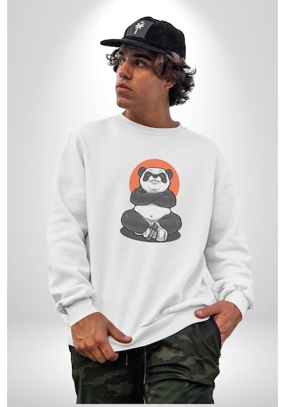 Yoga Panda Unisex Beyaz Baskılı Sweatshirt Beyaz