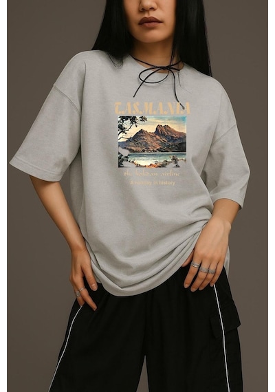 Tasmania Baskılı Unisex Oversize Tişört Gri