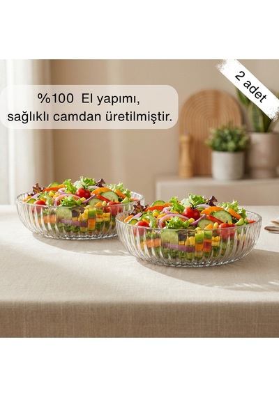 Selen Concept Linea Damla Model El Yapımı Cam Salata Ve Meyve Kasesi 2'li Set Şeffaf