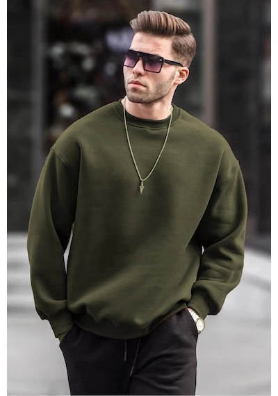 Barlashive Erkek Düz Bisiklet Yaka 3 İplik Sweatshirt - Yeşil Çok Renkli