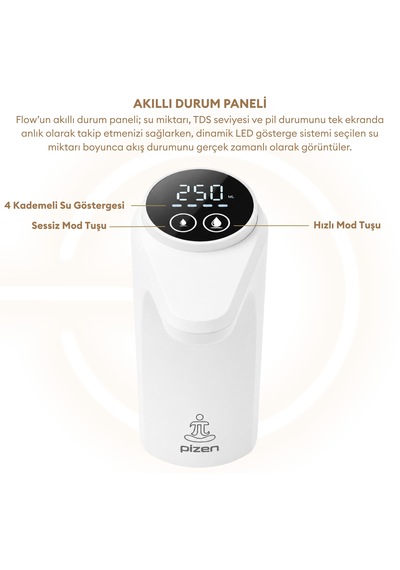 Pizen Flow Usb Şarjlı Otomatik Damacana Su Pompası Tds Ölçer 250ml 500ml 1l 2l Ölçü Özellikli Beyaz