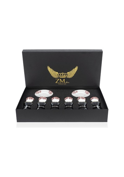 Mercan Kırmızı 18 Parça Çay + Mırra Set Hediye Kutulu Beyaz - Mavi