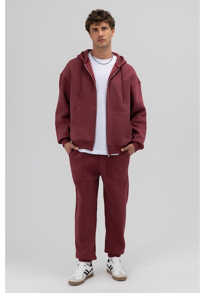 Vamos Basic Fermuarlı Oversize Kapüşonlu Sweatshirt Bordo