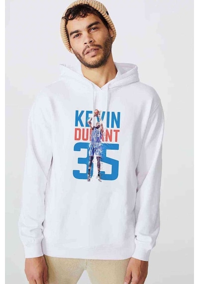 Kevin Durant Baskılı Beyaz Erkek Örme Kapşonlu Sweatshirt