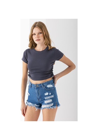 Giysa Kadın Bisiklet Yaka Yanı Stoperli Crop T-shirt Füme - 25514 Füme