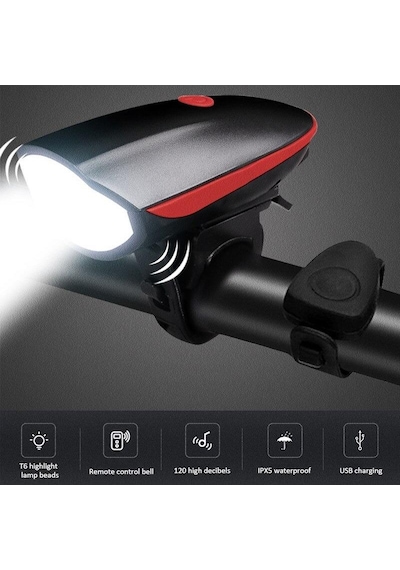 Xml-T6 Led 1200 Mah Su Geçirmez Far Kornalı Bisiklet Feneri Siyah