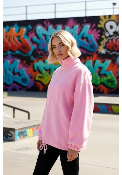 Benerly Kadın Dik Yaka Fermuarlı Polar Regular Kalıp Sweatshirt Fonksiyon Açık Pembe