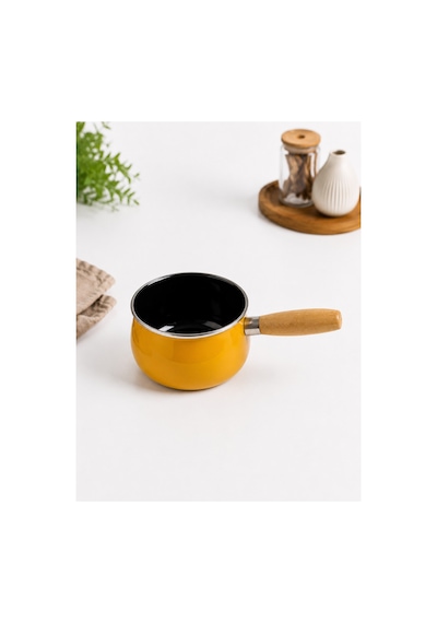 14 Cm Emaye Sütlük Ahşap Saplı Süt Cezvesi Sosluk 1200ml 9 Cm Derinlik Sarı
