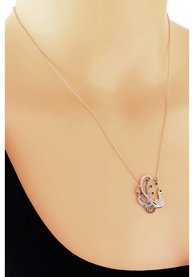 Kadın Renkli Zirkon Taşlı Gümüş Rose Tavus Kuşu Kolye N076801 Rose Gold