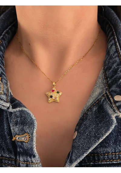 Eva Takı Store Yıldız Model Renkli Zirkon Taşlı Gold Renk Kolye Gold