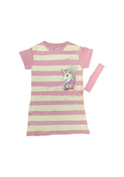 Ded Collectıon Kız Çocuk Kısa Kollu Unicorn Baskılı Penye Elbise Pembe