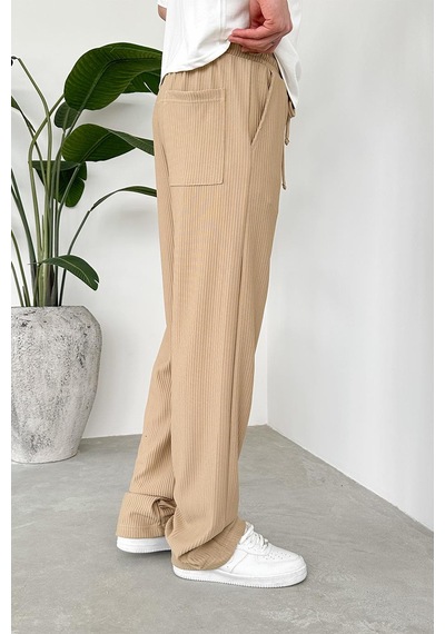 Bej Beli Lastikli Fitilli Baggy Pantolon Bej