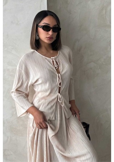Verymoda Önden Bağlamalı Plise Gömlek - F1739 Taş