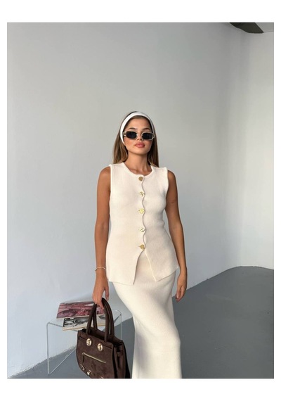 Kechi Woman Gold Aksesuarlı Etekli Triko Takım Bej