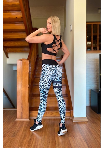 Lismina Bacağı Ve Beli Siyah Şeritli Leopar Desen Spor Tayt Mavi