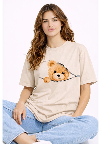 Fermuarlı Ayıcık Baskılı Kadın Tişört Oversize Sevimli Teddy Bear Bej