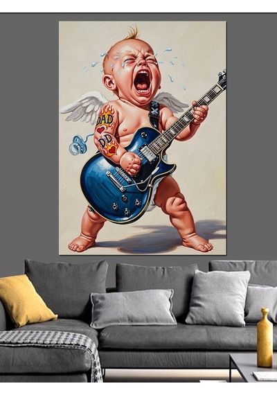 Ahşap Tablo Ağlayan Bebek Gitar Çalıyor Dekoratif Tablolar