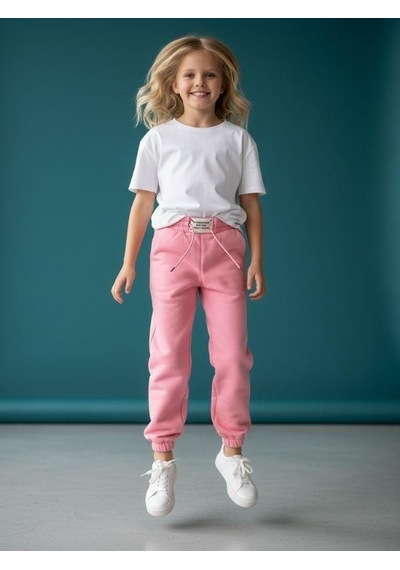 Kız Çocuk İnce Şardonlu Oversize Tasarım Eşofman Alt-16473 Pembe
