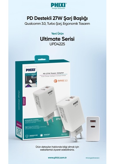 Phixi Ultimate UPD4225 27W PD Çift Çıkışlı Hızlı Şarj Adaptörü