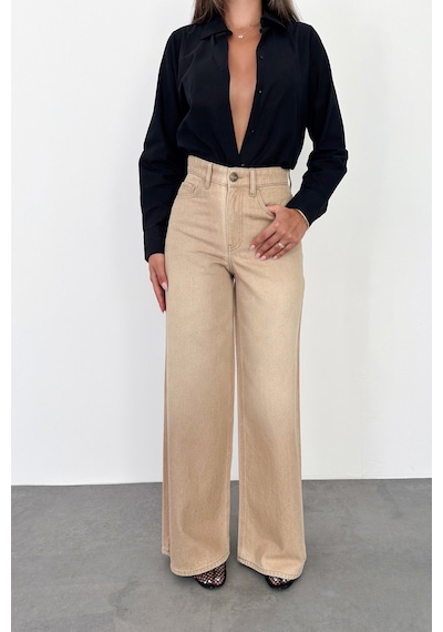 HLT Jeans Bej Kadın Wide Leg Jean %100 Pamuklu Yüksek Bel Palazzo Kot Pantolon Angel-2060