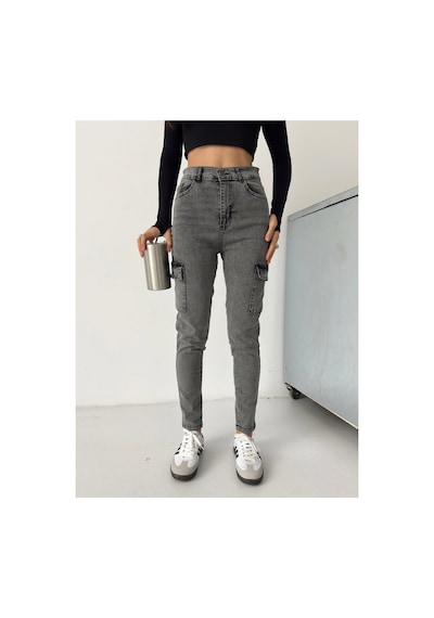 Kene Jeans Kadın Kar Siyah Kargo Cep Dar Paça Siyah