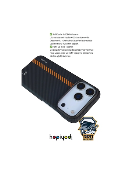Apple Uyumlu iPhone 17 Pro Max Kılıf M-safe Şarj 600d Güçlü Kamera Çerçeveli Pure Kevlar Fiber Turuncu-siyah Hafi