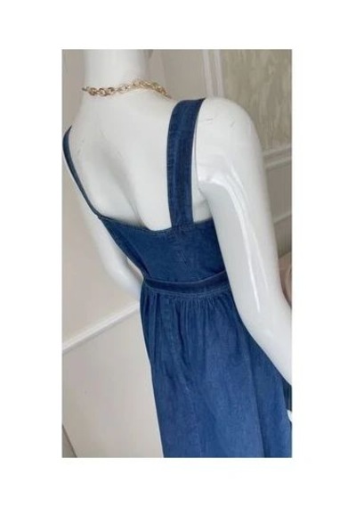 Gesshop Kadın Askılı Etek Volanlı Kuşaklı Midi Boy Denim Elbise Koyu Mavi