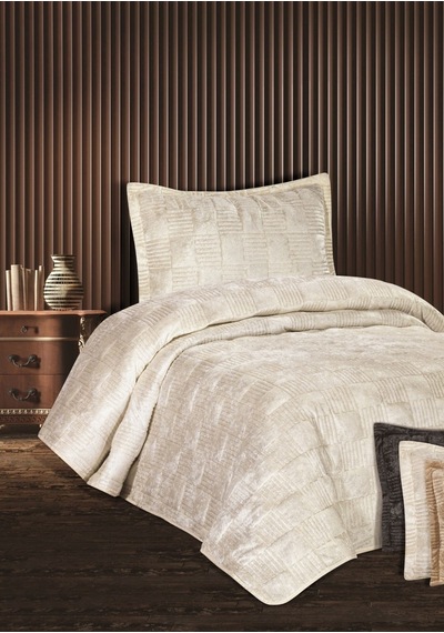 Goldroom Home Ranya Kadife Nakışlı Tek Kişilik Yatak Örtüsü Krem