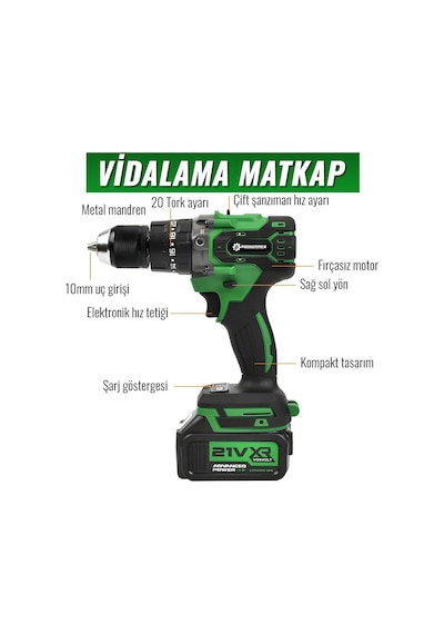 Prohummer Ph348 Yeşil Profesyonel Akülü Süper 6lı Set Makina - 125mm Avuç Taşlama, Sds Plus Kırıcı Delic, Somun Sıkma Sökme, Vidalama Matkap, Budama Testere, Budama Makası