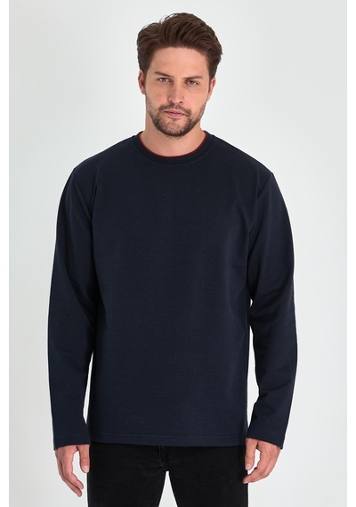 Comeor Erkek Lacivert Çift Bisiklet Yaka Standart Rahat Kesim Sweatshirt