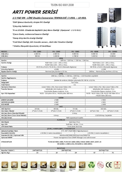 Artı Regülatör 1KVA 5-15 DK LCD (2x12V/7ah) 1.1 Faz On-Line Kesintisiz Güç Kaynağı UPS