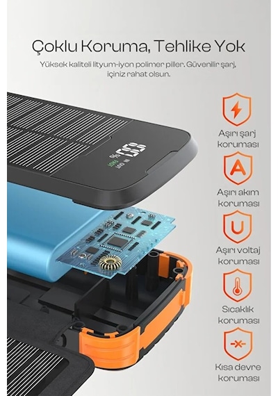Kensa Güneş Enerjili Powerbank 20.000 Mah Hızlı Şarj Led Göstergeli Dahili Kablo Solar Şarj Cihazı Siyah - Turuncu