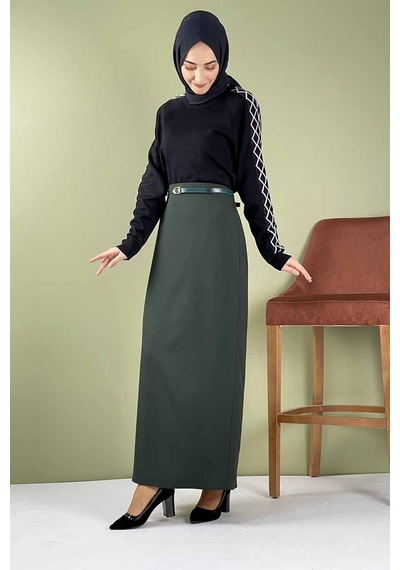 İbrahim Burak Etiler Collection Moda Çizgi Etek Zümrüt Yeşili