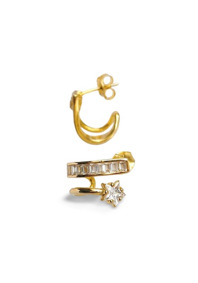 925 Gümüş Zirkon Taşlı Baget Yıldız Gold Duo Kadın Küpe Gold - Gümüş