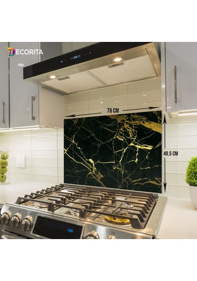 Decorıta Cam Ocak Arkası Koruyucu | Altın Çizgili Mermer