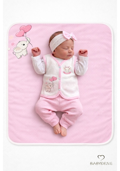 Babyden's Kız Bebek 3’lü Set Pamuklu Jakarlı Fil Baskılı Yelek ,Battaniye ,Saç Bandı 6-9 AY