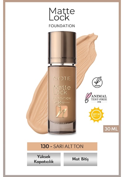 Note Matte Lock Foundation 130 Classic Beige Spf 50 Yoğun Kapatıcı Mat Bitişli Fondöten