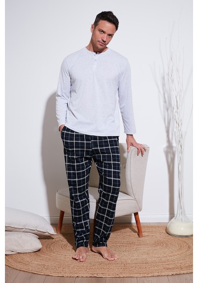 Buratti Ekoseli Pamuklu Beli Lastikli Regular Fit Uzun Kollu Erkek Pijama Takımı 6572003 Gri Melanj