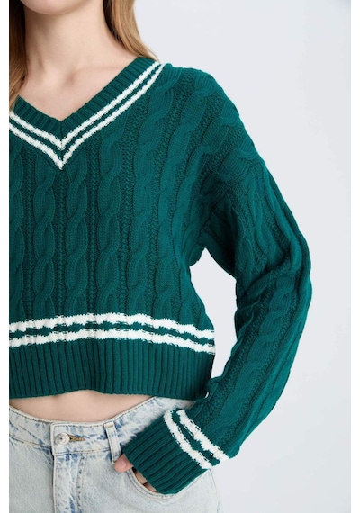 DeFacto 	Coool Regular Fit V Yaka Saç Örgülü Çizgili Triko Kazak C7321AX24WNGN953