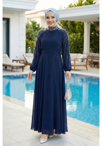 Hb Harma Time Butik Kadın Taş İşlemeli İçi Astarlı Lacivert Şifon Tesettür Elbise