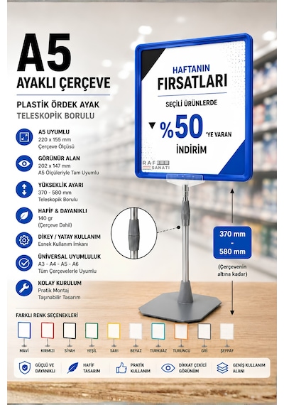 A5 Ayaklı Çerçeve Seti Plastik Ördek Ayak Teleskopik Borulu Fiyat Etiketliği Yönlendirme Levhası Menü Panosu Mavi